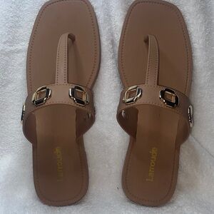 Larroude Tan Thong Sandals with Gold Buckle Accents